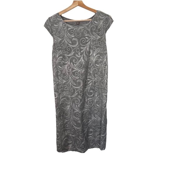 Lina Tomei 100% Linen Shift Dress Gray Embroidered Size M with pockets Lagenlook - Picture 1 of 9